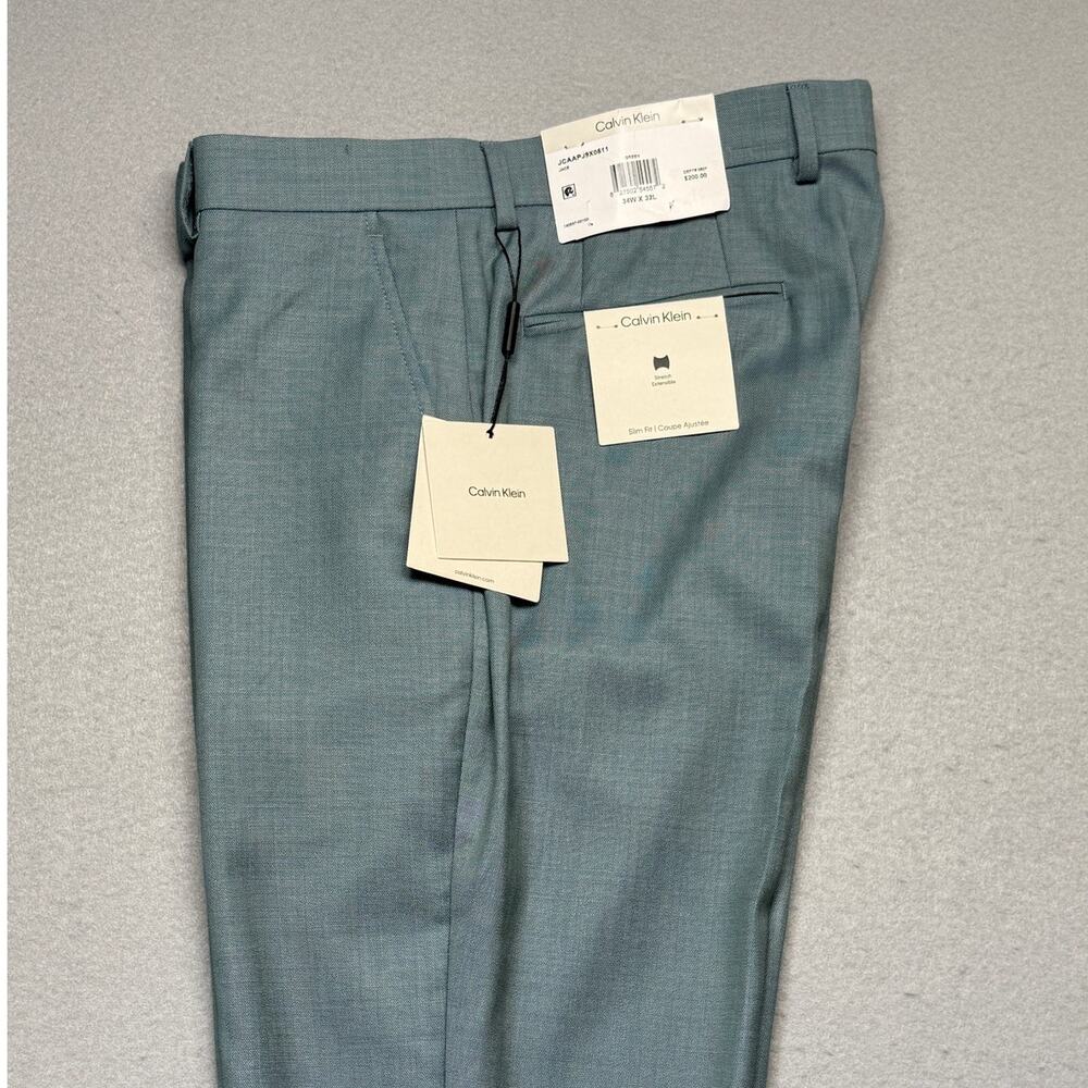 Calvin Klein Men's Slim-Fit Wool-Blend Stretch Suit Pant Green 34x32 $200